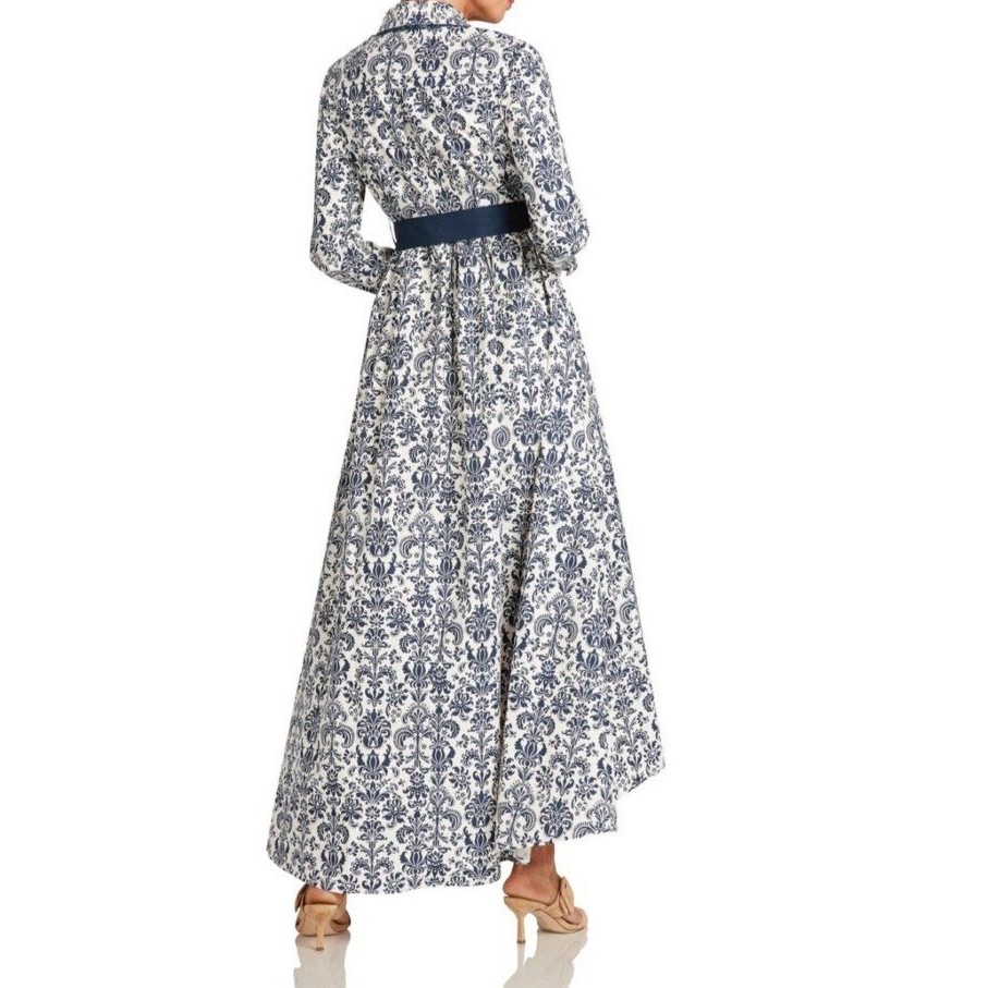 Nwt Trish Scully Constance Maxi Dress Navy Damask Size 0 Rhinestone Long Sleeve — image 3 of 8